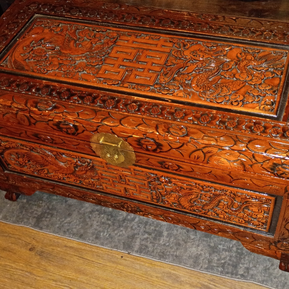 Carved Asian Dragon Wood Jewelry Box in Rich Reddish-Brown